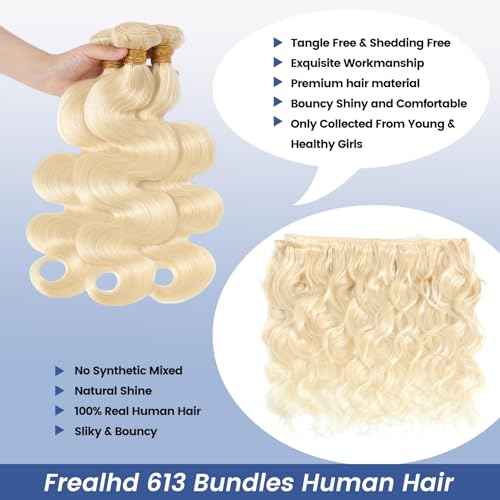 16A 613 Bundles Human Hair Blonde Body Wave 16 18 20 inch, 100% Real Human Hair No Synthetic Blended Sew in Quick Weave Bundles Human Hair Extensions Double Weft, Triple Lifespan 3X, Can Be Dyed