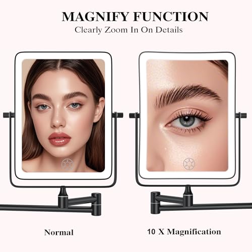 Wall Mounted Lighted Makeup Mirror, Rectangle Double Sided 1X/10X Magnifying Bathroom Height Adjustable Mirror, 6000mAh Rechargeable 3 Color and Dimmable Lights, 360 Rotation Shaving Vanity Mirror