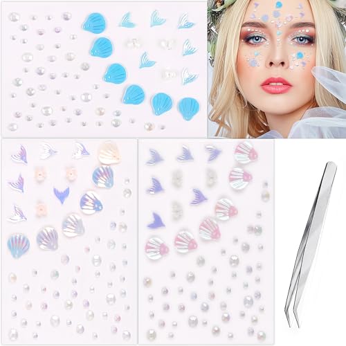Glitter Rhinestone Tattoo Stickers for Makeup, Shell Fish Tail Flowers Face Eye Gems, Self Adhesive Face Jewelry with Ocean Color, Cute Mermaid Face Stickers, Birthday Rave Concert Party Supplies