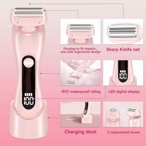 NaTuGi 2 in 1 Electric Shaver for Women Wet Dry Dual Use IPX7 Waterproof with LED Display USB Recharge Dock Dry Use Body Hair Trimmer and Facial Hair Remover for Bikini Underarm Leg Arm Face (Pink)