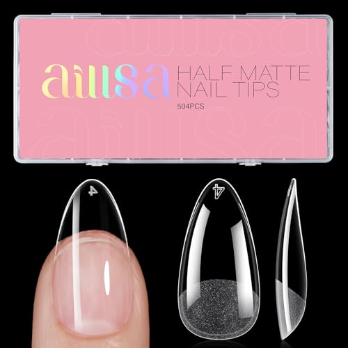 AILLSA Medium Almond Nail Tips 504PCS Soft Gel Full Cover Nail Tips Half Matte Almond Shaped Nails False Press on Gelly Nail Tips for DIY Nail Extension 12 Sizes with Storage Box