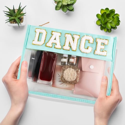 Aliceset 12 Pcs Dance Gifts for Women Cosmetic Bag with Chenille Letter Patches Dancer Clear Makeup Bag Toiletry Zipper Pouch for Travel Women Girls Storage (Multicolor)