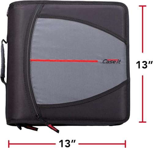 Case-it Mighty Zip Tab Zipper Binder, 3" O-Ring with 5-Color tabs, Expanding File Folder and Shoulder Strap and Handle, D-146- Jet Black