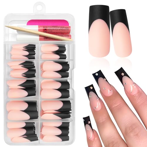 Bellelfin 120Pcs Long French Tip Press on Nails Square Black Fake Nails French Tip, Full Cover Matte Glue on False Nails Nude Acrylic Nails Press on for Women Girls Artificial Fingernails