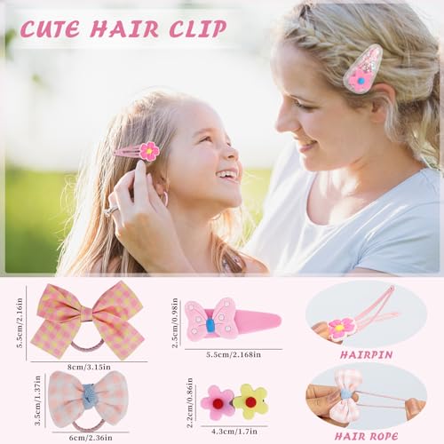 Unaone Hair Accessories Set for Kids - 10 PCS Cute Hair Ties and 14 PCS Cartoon Hair Clips, Flower Rainbow Hair Pins Barrettes Elastic Hair Bands Ponytail Holders Set for Thick Hair & Thin (24 Pieces)