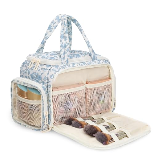 Travel Makeup Bag, Lightweight Wide-open Toiletries Bag for Women, Large Cosmetic Organizer Bag with Makeup Brushes Compartment for Travel-Sized Essentials for Trip, Camping - Blue Flower