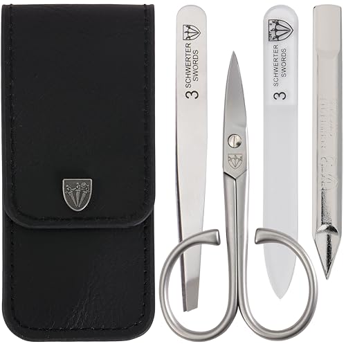 3 Swords Germany - brand quality 3 piece stainless steel INOX manicure pedicure grooming kit set for professional finger & toe nail care scissors file tweezers genuine leather case in gift box (03881)