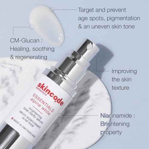 Skincode Essentials AlpineWhite Brightening Total Clarity Serum - Hydrating & Brightening Dark Spot Serum with CM-Glucan, Niacinamide & Swiss Alpine Plants, All Skin Types (1.0 Oz / 30 mL)