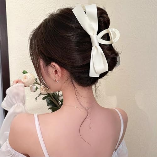 Bow Hair Claw Clip Black Bows Hair Claws Barrette for Thick Thin Hair,Silky Satin Bow Knot Non Slip Claws Clamps Large Bow Hair Barrettes Accessories for Women and Girls (Black + White(matte))