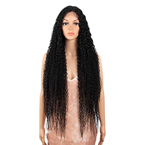 Style Icon 38¡± Long Curly Wig Lace Front Wigs Synthetic Wigs with Baby Hair Half Hand Tied 130% Density Hair Replacement Wigs (38", 1B)