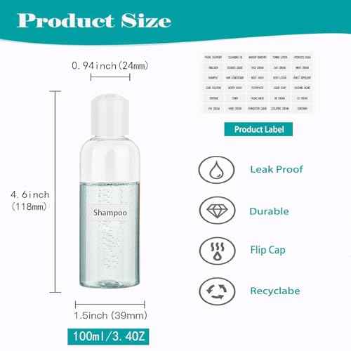 Clear Toiletry Travel Bottles, 3.4oz/100ml TSA Approved Empty Containers with Toiletry Bag - Cosmetic Kit with Labels for Shampoo, Conditioner, Lotion, and Airplane Accessories(4Pack, White)