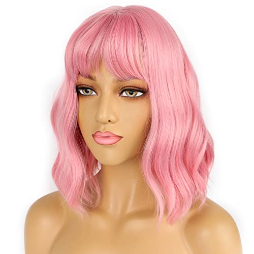 Pastel Pink Bob Wig with Bangs Loose Wavy Synthetic