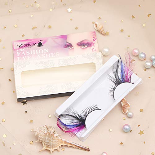 Dorisue Rainbow lashes Black Blue Purple Feather eyelashes Costume halloween eyelashes show False Eyelash Feather lashes Feather extensions for Women Girls at Dramatic events