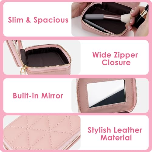 Lipstick Holder with Mirror for Purse, Genuine Leather Makeup Case, Compact Zippered Travel Cosmetic Organizer, Pink