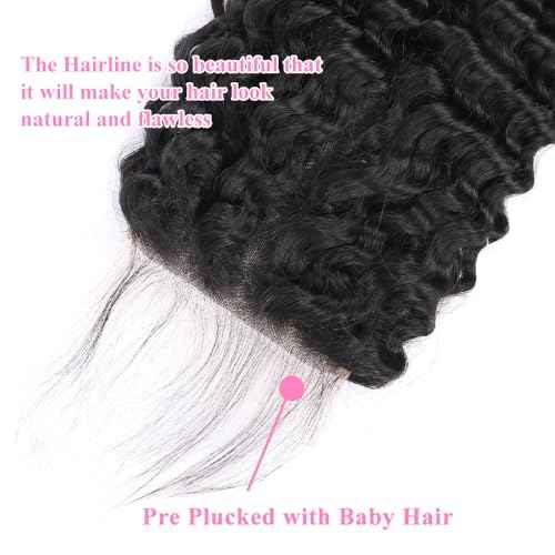 5x5 HD Lace Closure Deep Wave Ultra-thin Transparent HD Lace Closure 12A Brazilian Virgin Human Hair Closure Free Part Pre Plucked with Baby Hair Natural Black 18 Inch