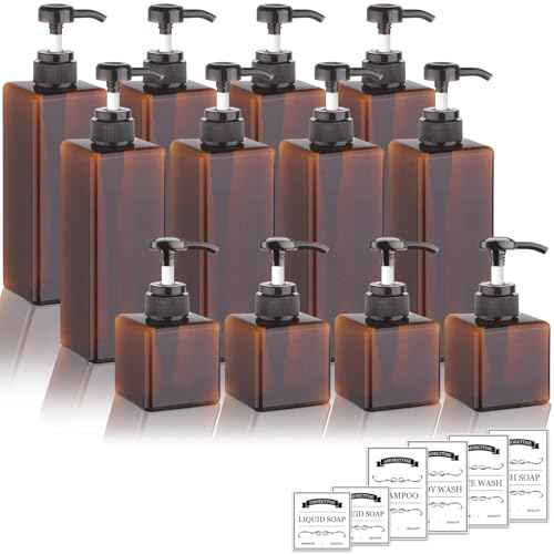 12 Pack Shampoo and Conditioner Dispenser Bottles, 8 Pack 22 Oz and 4 Pack 8 Oz Refillable Square Plastic Pump Bottles, Shower Soap Dispenser for Shampoo Conditioner Body Wash (Amber)