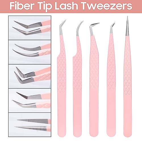 Fiber Tip Lash Tweezers for Eyelash Extensions, Professional Stainless Steel Lash Extension Tweezers for Volume Fan, Precision Supplies Work Best Tool（5Pcs Tweezer Set）