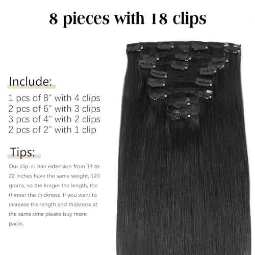 ABH AMAZINGBEAUTY HAIR Clip in Hair Extensions Real Human Hair Clip Extensions Real Human Hair Clip ins Black Silky and Soft Full Head Clip ins Human Hair Jet Black #1 Color 8 Pcs 14inch 120g