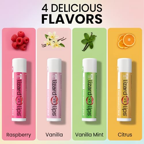 LizardLips Lip Balm SPF 15; Variety Pack of 4 Vanilla, Vanilla Mint, Raspberry, Citrus, Natural Hydrating Moisturizing Lip Sunscreen, Fun Quirky Beach Vacation Essentials