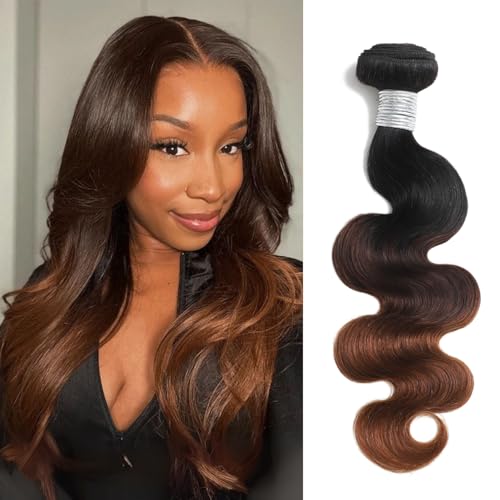 T1B/2/30 Chestnut Brown Ombre Human Hair Bundles Body Wave, 12A Thick Track 100% Virgin Human Hair Bundles Dark Roots Bundle 3 Tone Ombre Medium Auburn Colored Single Bundle Quick Weaves 20 Inch