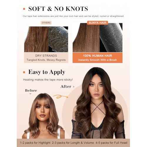 Sunya Hair Extensions Tape in Human Hair 20 inches Silky Straight Remy Human Hair Seamless Skin Weft Tape in Hair Extensions 20 inches #2 Dark Brown 50 Gram 20Pcs/Pack Soft Hair