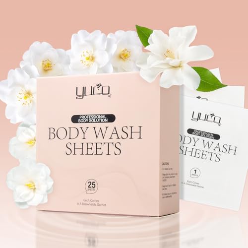 YUCO Travel Body Wash Sheets Travel Pack 25 Sheets,Individual Sachet,for Body Wash,Camellia Japonica Scent,For Gym,Camping,Vacation,Hotels,Hospital,Business Trip,Flight Travel Essentials
