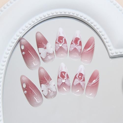 YIHONGYAN Almond Cat Eye Bow Nail Kit - French Press-On False Nails for Women, Blush Art Tips, 24Pcs