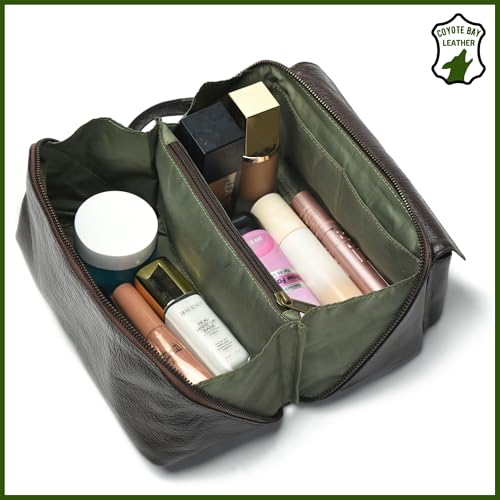 Coyote Bay¢ç Flypouch Premium Full Grain Soft Leather Toiletry Bag, Large 9 Inch, Makeup Bag, Travel Organizer Pouch, Shaving Kit, Cosmetics Toiletry Bathroom Organizer (Brown, Large)