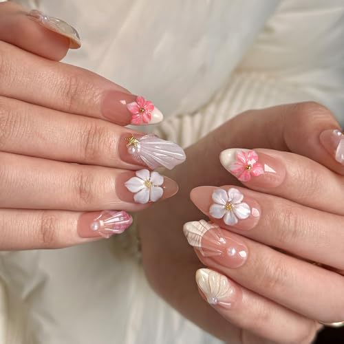 MAGLFELL S Size Press On Nails - 3D Almond French Fake Nails, Reusable Thick Acrylic Gel Manicure Kit