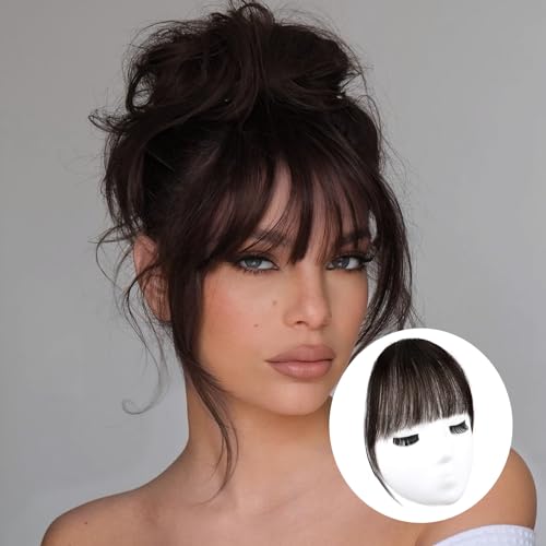 Bangs Hair Clip Dark Brown Clip in Bangs 100% Human Remy Wispy Clip on Hair Extensions Fringe with Temples Hairpieces for Women