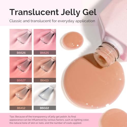 MelodySusie Nude Pink Jelly Gel Nail Polish Set - Milky or Jelly Texture, 6PCS 7.5ML