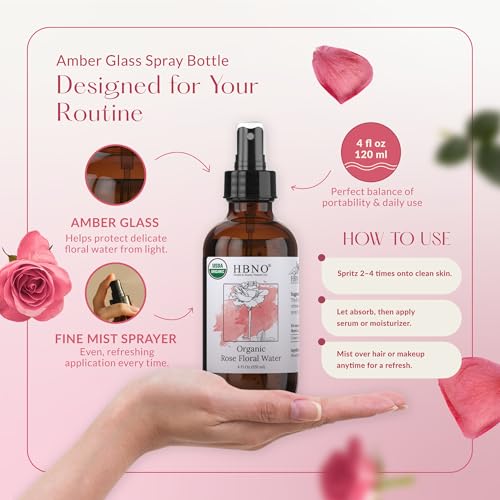 HBNO Organic Rose Water Spray for Face & Hair 4 fl oz