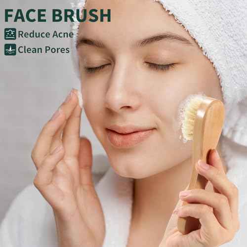 Dry Brush Set for Body & Face - Dry Brushing Body Brush with Long Handle & 3 Replacement Heads (Soft/Medium/Firm) for Lymphatic Drainage Cellulite