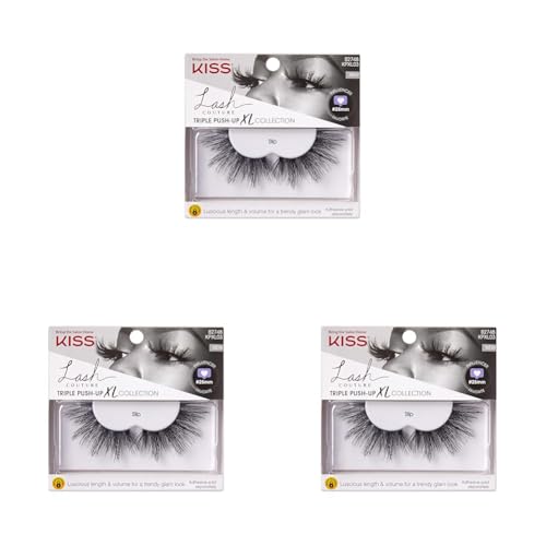 KISS Lash Couture Triple Push Up XL Collection False Eyelashes, 3D Volume in Extra Long Length with Triple Design Technology, Cruelty-Free and Reusable, Style 'Slip', 1 Pair Fake Eyelashes (Pack of 3)