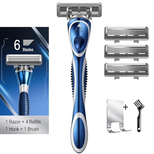 6-Blade Manual Razor for Men with Lubricating Strip, 1 Ergonomic Non-Slip Handle Includes 4pack Razor Blade Refill Cartridges, with Hanging Hook & Cleaning Brush, Full Washable Design