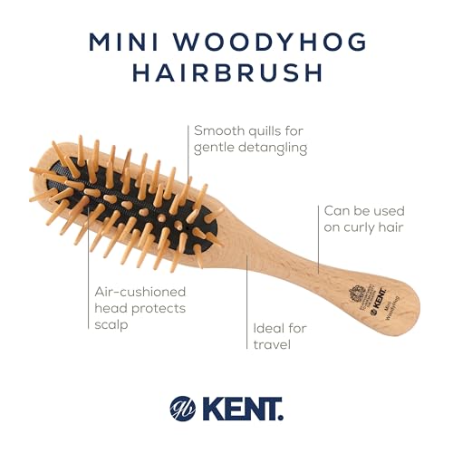 Kent KB MiniWoodyhog Travel Size Detangling Brush Beech-wood, Firm Rounded Wooden Bristles,Natural Cushion Detangler Wooden Hair Brush for Women Men and Kids Everyday Care,Made in England