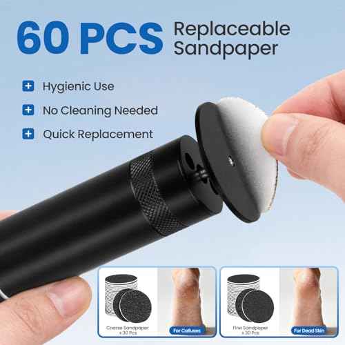Electric Foot Callus Remover-60pcs Replacement Sandpaper Discs, 1200RPM Speed Adjustment, Metal Body, Callus & Dead Skin Removal
