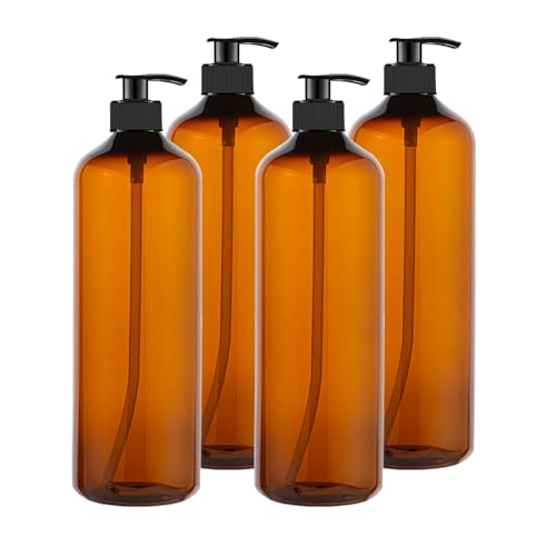 32 oz Amber Pump Bottles - 4 Pack with Funnel & Labels