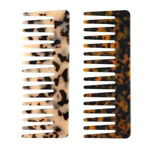 Large Hair Detangling Comb - Wide Tooth Comb Cellulose Detangler Combs for Women Thick Curly Wavy Wet Dry Hair 2 Pack (Tortoise Shell, Ivory)