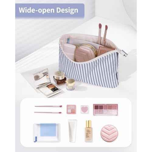 Narwey Small Striped Makeup Bag for Purse Travel Makeup Pouch Cosmetic Bag Zipper Pouch Bags for Women (Greyish Blue Stripe)