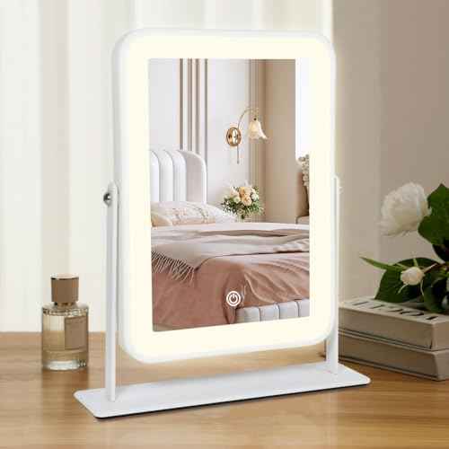 Rechargeable LED Vanity Mirror with Lights,11"¡¿9" Small Desk Makeup Mirror with Lights,Smart Touch with 3-Color Lighting,Dimmable,for Birthday Gifts for Women,Home Dorm Decor