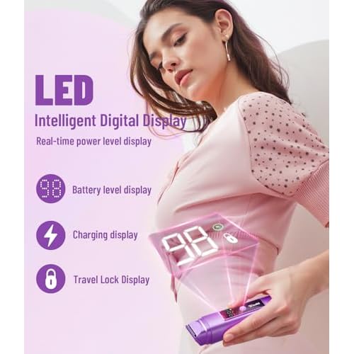 Electric Bikini Trimmer for Women: IPX7 Waterproof Dual Head Cordless Electric Shaver for Women with LED Display & 0.5mm Ceramic Blades for Pubic Hair, Face, Legs - Grape Purple