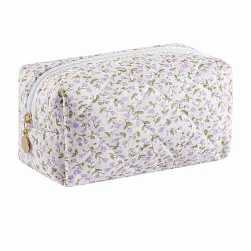 Makeup Bag Travel Cosmetic Bag for Women Girls, Zipper Make Up Pouch, Floral Flowers Toiletry Organizer Makeup, Portable Storage Cosmetic Travel Cloth Bag (Purple Floral)