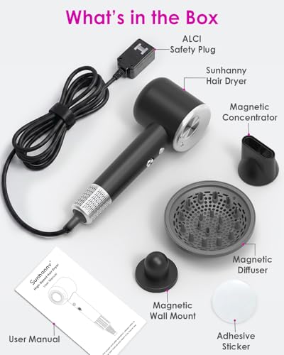 Sunhanny Black High-Speed Ionic Hair Dryer with Diffuser & Nozzle – Travel & Professional Use