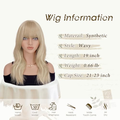 Haloo 19-Inch Blonde Wavy Wig with Bangs - Heat Resistant Synthetic Hair