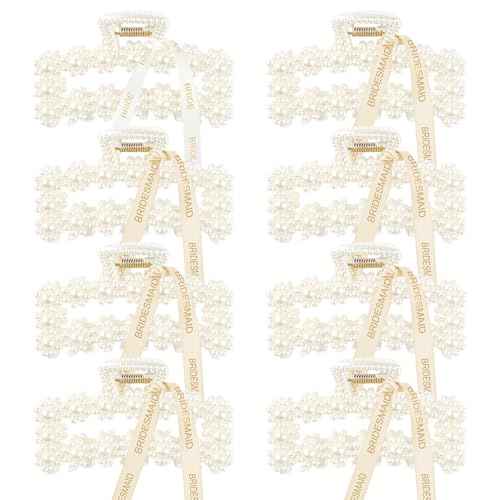 DEEKA Bridesmaid Gifts Set of 8 Bridesmaid Proposal Gift Pearl Bride Hair Clips with Ribbon Large Hair Clips Bachelorette Party Favors Bridal Party Present Gifts (Rectangle White&Champagne)