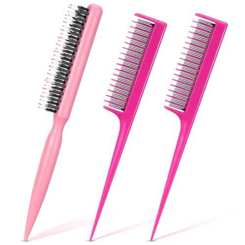Patelai 3 Pcs Hair Teasing Comb Set Includes 2 Nylon Triple Comb and Boar Bristle Teaser Brushes for Women Stylist Men Backcombing Slicking Curly Thick Wet Hair(Pink)