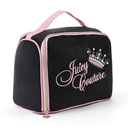 Juicy Couture Black Makeup Bag Cosmetics Organizer Travel Essentials Bowler Vintage Style Velour Rhinestone Crown