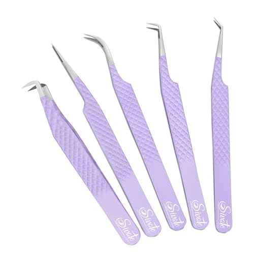 SIVOTE Lash Tweezers for Eyelash Extensions, Pack of 5 Purple ? Lash Extension Tweezers Set with Diamond Grip, Precision Fiber Tip for Volume Eyelash Extensions