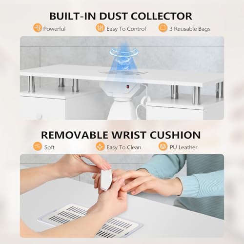 OmySalon Nail Desk & Chair Set with Dust Collector, White